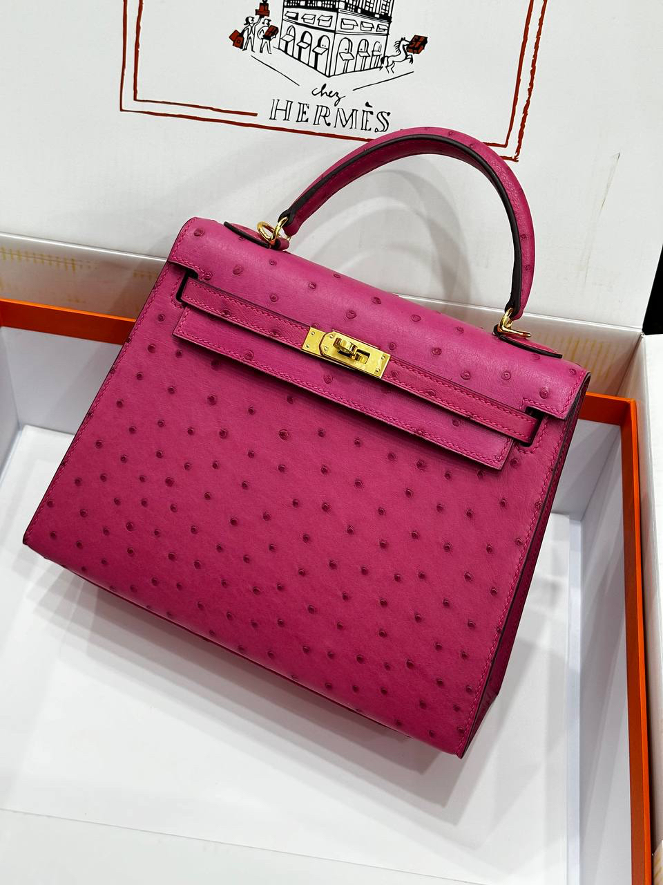 СУМКА HERMES KELLY 25 OSTRICH CHEVRE GOLD HARDWARE детальное фото